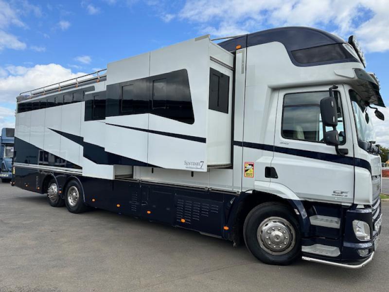 24-807-Euro 6 2014 DAF CF 500 26,000 KG Coach built by KM coach builders. Sentinel Elite 7. Stalled for 7. Full luxury living including 3 electric slide out. Sleeping for 6. Rear and side ramp. EU certified.. Humongous Specification!