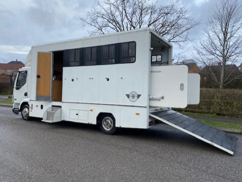 23-456-2005 Model 54 DAF LF 150 7.5 Ton Empire Transport horsebox. Professional conversion.. Empire Classic Model. Stalled for 4. Smart changing area with cut through cab. Full tilt cab. VERY SMART TRUCK.