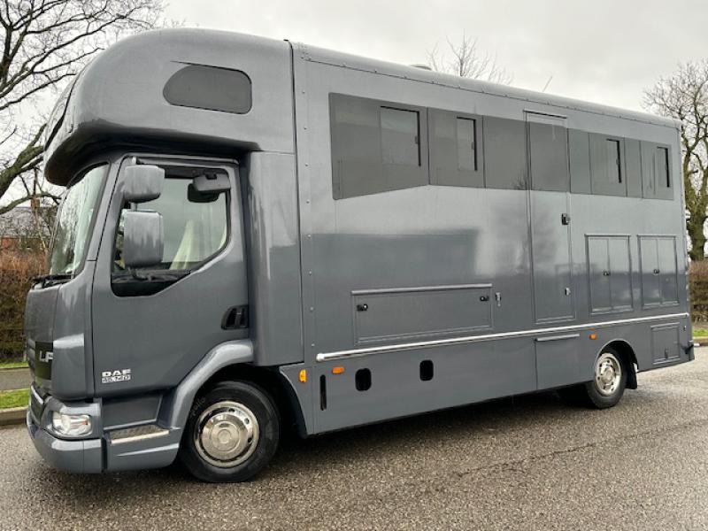 24-759-**NEW PRICE**  Recent compact coach built horsebox, mounted on a 7.5 Ton 2011 DAF LF  chassis. Stalled for 2. Smart luxurious living with toilet and shower. Sleeping for 4. Huge specification. Only 21,545 Miles . Stunning truck